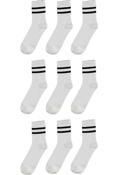 Trick or Treat 9'lu Paket Pamuklu Çizgili Yarım Konç Erkek - Kadın Çorap