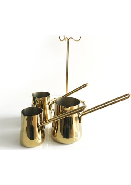 Piramit Tam Gold 3'lü Cezve Seti Standlı