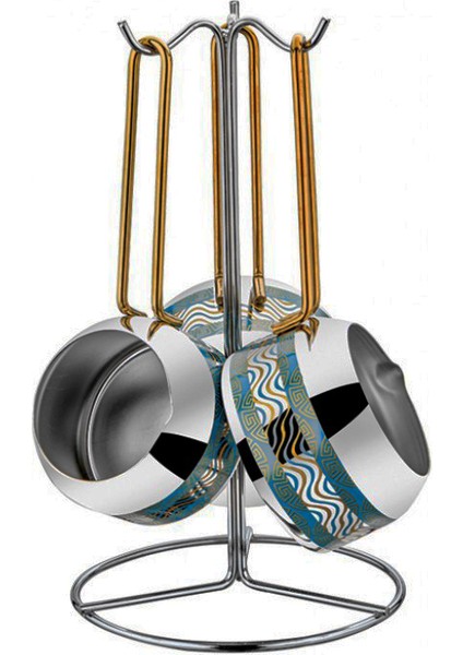 Dekorlu Gold Kulplu 3'lü Cezve Seti Standlı