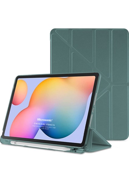 Samsung Galaxy Tab S6 Lite Sm P610 10.4" Kılıf Kalem Bölmeli Tri Folding Smart Standlı Pu Deri Arkası Yumuşak 360 Tam Koruma Yeşil