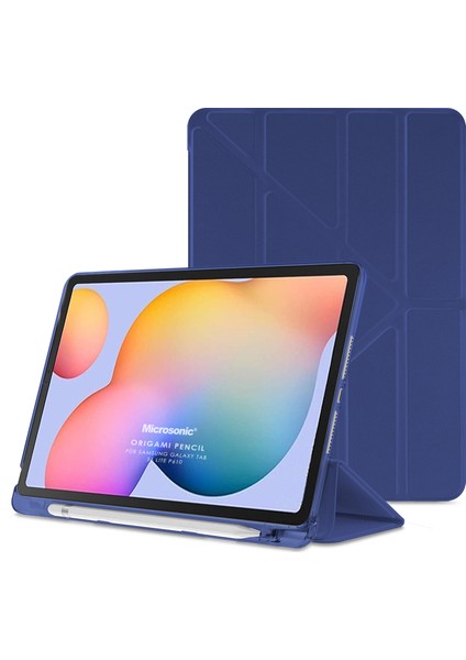 Samsung Galaxy Tab S6 Lite Sm P610 10.4" Kılıf Kalem Bölmeli Tri Folding Smart Standlı Pu Deri Arkası Yumuşak 360 Tam Koruma Lacivert