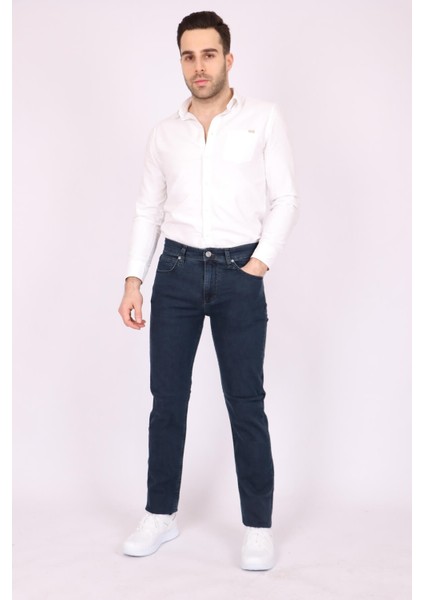 Erkek Lacivert Desenli Slim Fit Dar Kesim Pamuk Denim Esnek Jean Kot Pantolon
