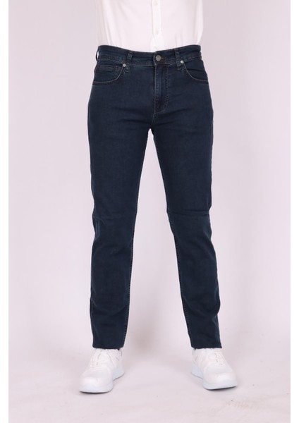 Erkek Lacivert Desenli Slim Fit Dar Kesim Pamuk Denim Esnek Jean Kot Pantolon