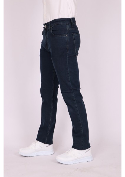Erkek Lacivert Desenli Slim Fit Dar Kesim Pamuk Denim Esnek Jean Kot Pantolon
