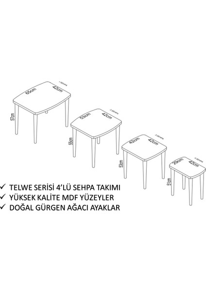 Concept Telwe Serisi Beyaz Mermer Desen  Mdf 4 Lü Zigon Sehpa Takımı