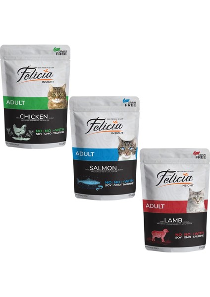 Tahılsız Yetişkin Yaş Kedi Maması 85 gr Karışık Paket Somon-Kuzu-Tavuk (3 Adet)