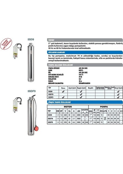 5sdf9 1.5 HP220V Keson Dalgıcı 11/4'' Çıkışlı Flatörlü