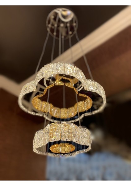 Luxury Modern Sarkıt Ikili Kristal Taşlı Power Led Avize Kumandalı Krom Burenze784