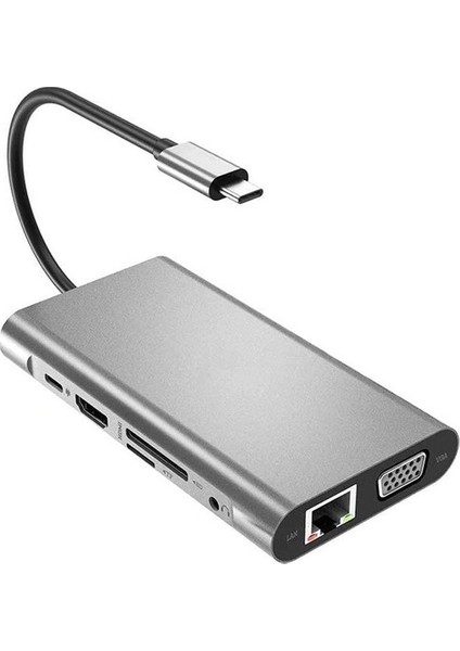 FC31 Macbook Uyumlu Type-C™ UBS-C to 3* USB 3.0 4K 1080p HD HDMI VGA RJ45 Pd Aux Sd Tf  10IN1 Çevirici Hub Adaptör