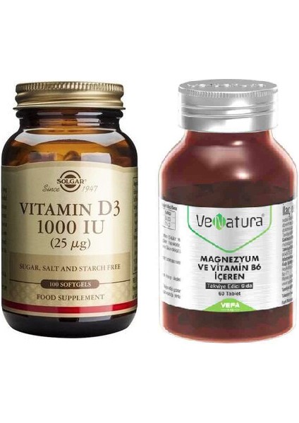 Magnezyum ve B6 Vitamini 60 Tablet + Solgar Vitamin D3 1000 Iu 100 Yumuşak Kapsül