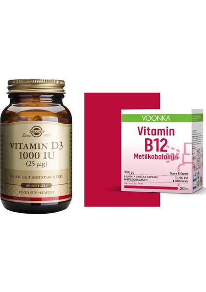 D3 Vitamini 1000 Iu 100 Yumuşak Kapsül + Voonka B12 Vitamini Metilkobalamin 20 ml Sprey&damla