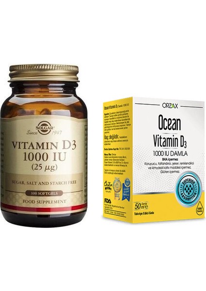 D3 Vitamini 1000 Iu 100 Yumuşak Kapsül + Ocean D3 Vitamini 1000 Iu Damla 50 ml
