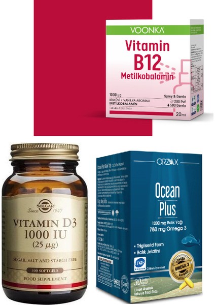 D3 Vitamini 1000 Iu 100 Kapsül + Voonka B12 Vitamini 20 ml + Ocean 1200 Mg Balık Yağı 30 Kapsül