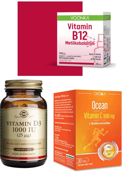 D3 Vitamini 1000 Iu 100 Kapsül + Voonka B12 Vitamini 20 ml + Ocean C Vitamini 1000 Mg 30 Tablet