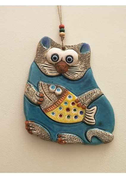 Seramik Balık Tutan Kedi Desenli Dekoratif El Işi Duvar Süsü
