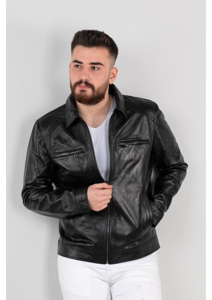 Erkek Siyah Yakalı Hakiki Deri Mont