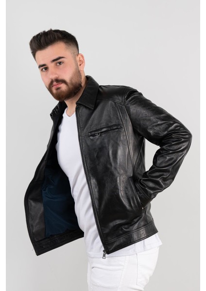 Erkek Siyah Yakalı Hakiki Deri Mont