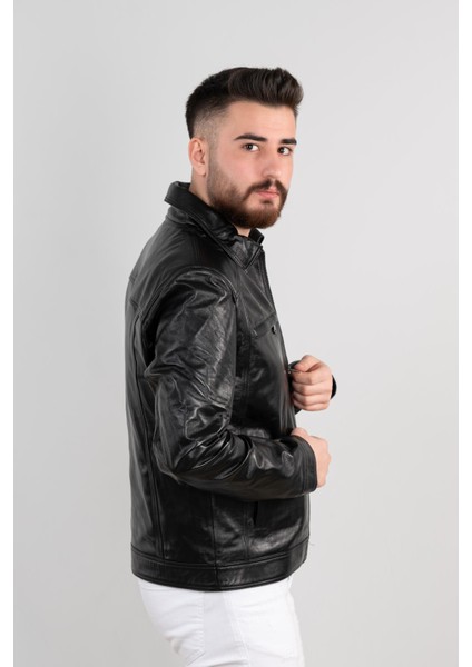 Erkek Siyah Yakalı Hakiki Deri Mont
