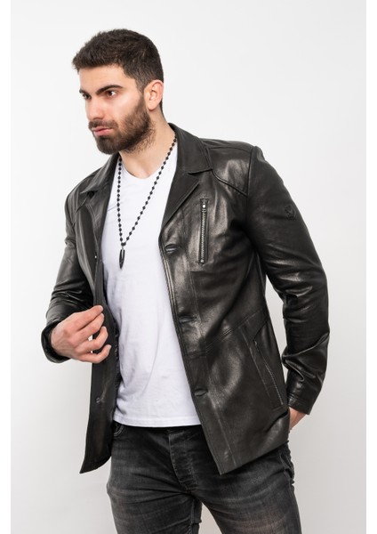 Erkek Siyah Hakiki Deri Mont