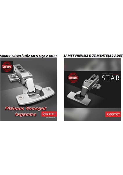 Master Frenli (Yavaş Kapanan) Düz Menteşe 2 Adet + Samet Star Frensiz Düz Menteşe 2 Adet + Montaj Vidaları