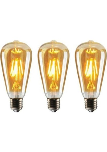 ST64 Flamanlı Rustik 6W LED Ampul 3'lü Dekoratif Vintage Aydınlatma Amber Rengi