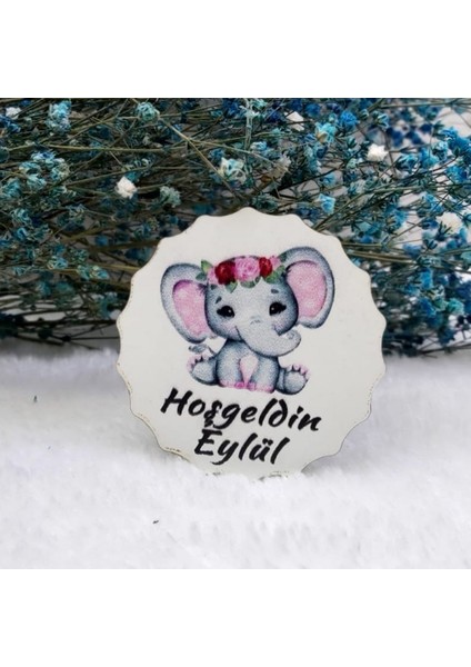 30 Adet Fil Baskılı Çiçek Desenli Bebek Magnetleri Uv Baskı Ahşap