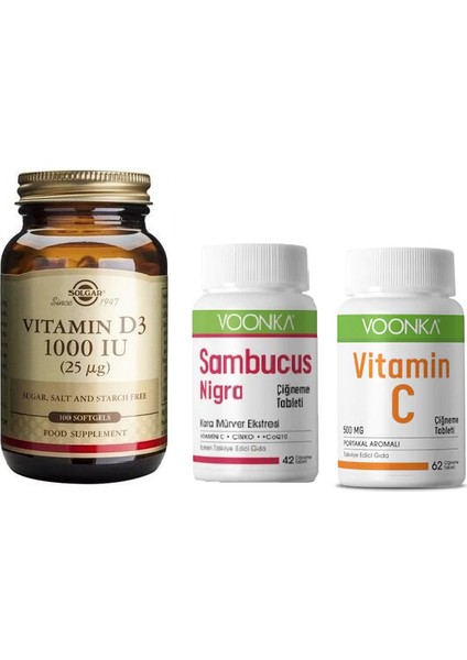D3 Vitamini 1000 Iu 100 Kapsül+Voonka Vitamin C Çiğneme 62 Tableti+Sambucus Nigra 42 Çiğneme Tableti