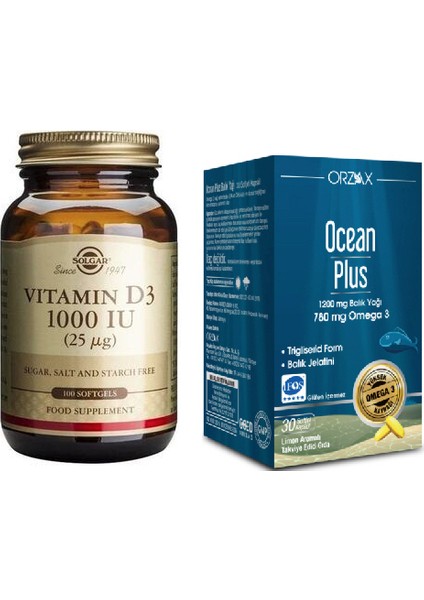 Vitamin D3 1000 Iu 100 Yumuşak Kapsül + Ocean Plus Omega 3 1200 Mg Balık Yağı 30 Kapsü