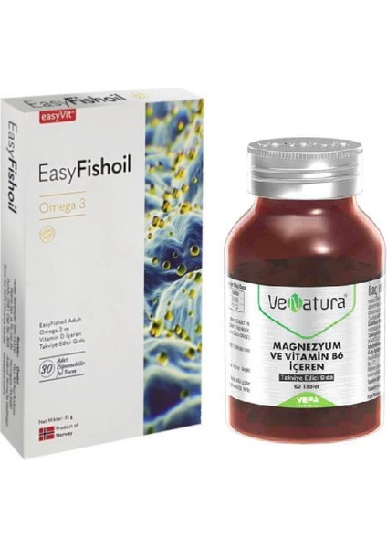 Magnezyum ve Vitamini B6 60 Tablet + Easyfishoil Omega 3 Çiğnenebilir Jel Form 30 Tablet