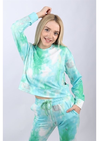 Kadın Crop Yeşil Batik Sweatshirt