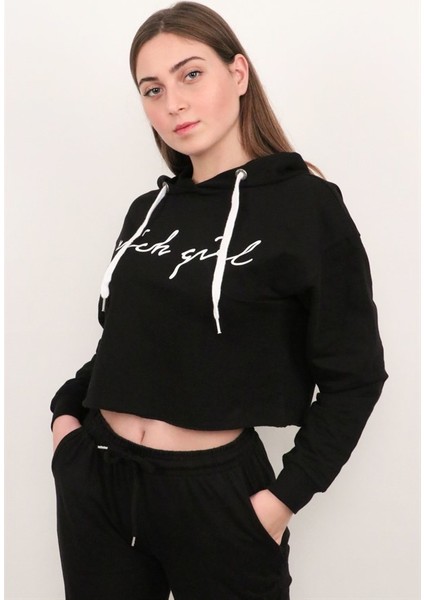 Kadın Siyah Crop Sweatshirt