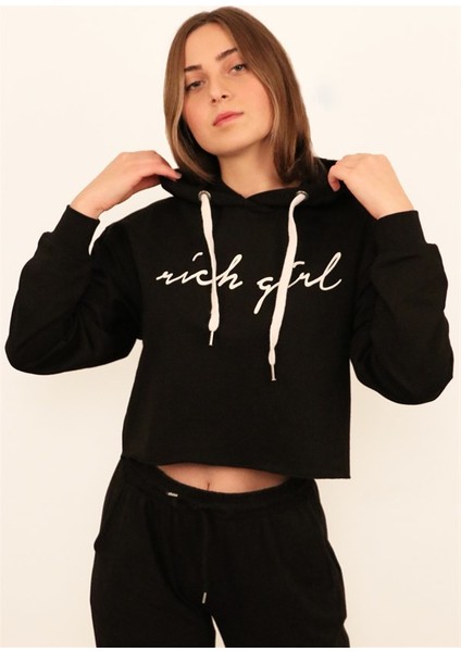 Kadın Siyah Crop Sweatshirt