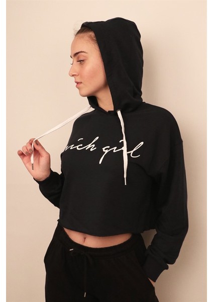 Kadın Lacivert Crop Sweatshirt