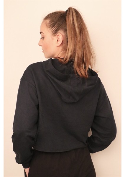 Kadın Lacivert Crop Sweatshirt