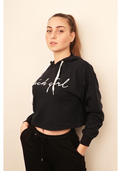 Kadın Lacivert Crop Sweatshirt