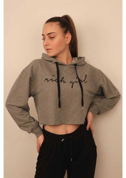 Kadın Gri Melanj Crop Sweatshirt