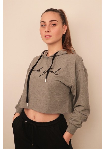 Kadın Gri Melanj Crop Sweatshirt