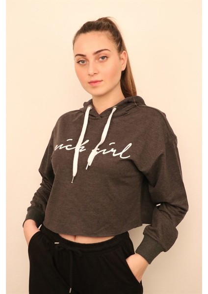 Kadın Antrasit Crop Sweatshirt