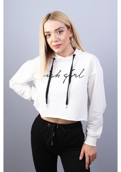 Kadın Ekru Crop Sweatshirt