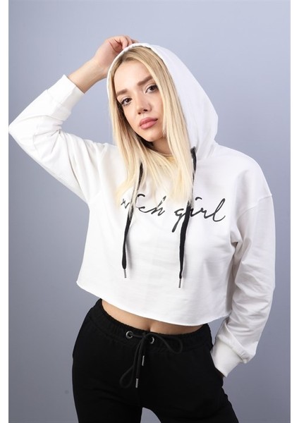 Kadın Ekru Crop Sweatshirt