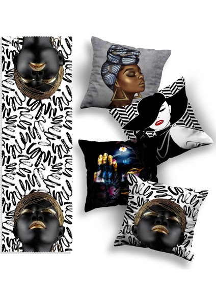 4'lü Özel Tasarım Kırlent Kılıfı ve Runner Seti