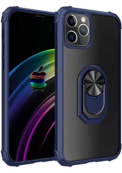 - Apple iPhone 12 Pro Max - Kılıf Yüzüklü Arkası Şeffaf Koruyucu Mola Kapak - Lacivert