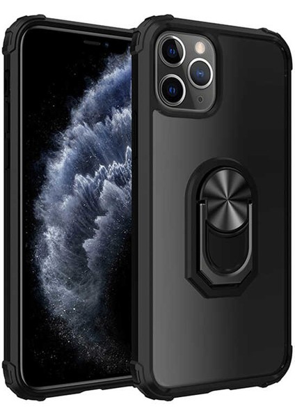 - Apple iPhone 11 Pro Max - Kılıf Yüzüklü Arkası Şeffaf Koruyucu Mola Kapak - Siyah