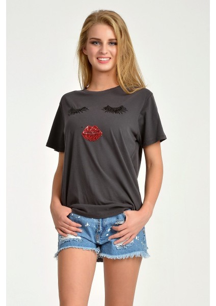 Gözler & Dudaklar Kısa Kol T-Shirt Gri - S