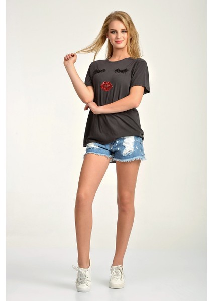 Gözler & Dudaklar Kısa Kol T-Shirt Gri - S