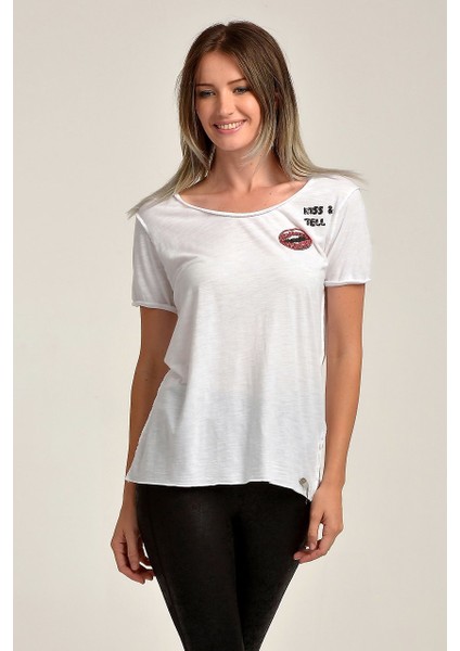 Kıss & Tell Nakışlı, Flamlı, Kısa Kol T-Shirt Beyaz - S