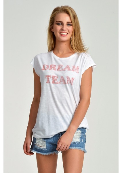 Dream Team Baskılı Flamlı Düşük Kısa Kol T-Shirt Beyaz - Xs
