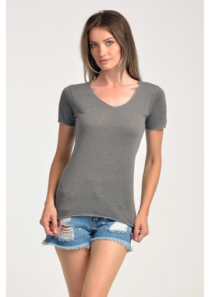 Sim Dikiş Süslemeli Kısa Kol T-Shirt Gri - Xs