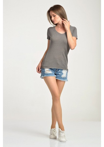 Sim Dikiş Süslemeli Kısa Kol T-Shirt Gri - Xs fiyatları