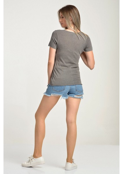 Sim Dikiş Süslemeli Kısa Kol T-Shirt Gri - Xs indirimleri